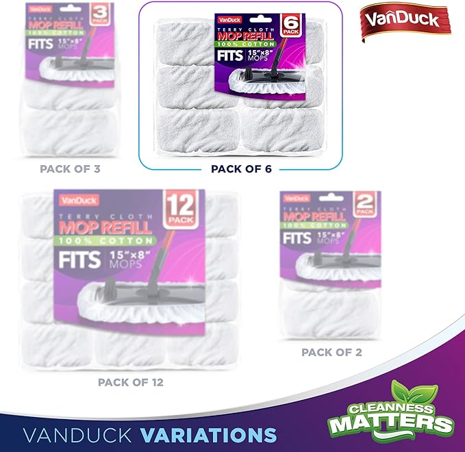 VanDuck 100% Cotton Terry Cloth Mop Pads 15x8 Inch 6-Pack (Handle is Not Included)