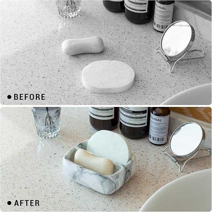 MyGift 5.4 Inch Deluxe Modern White Marble Pattern Resin Double Sponge Holder, Kitchen Sink Countertop Dish Cleaning Sponges or Scrubbing Pads Bowl with 2 Compartments