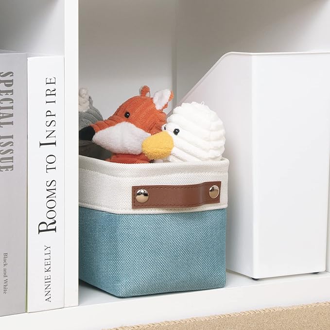 DULLEMELO Fabric Bathroom Storage Bin with Leather Handles, Narrow Organizer for Towels, Toilet Paper Rolls, Storage Basket for Back of Toilet, Vanities, Shelves & Cabinets (White&Teal)
