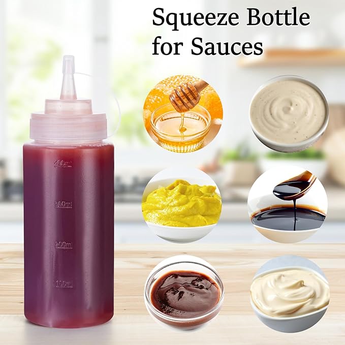 Condiment Squeeze Bottles Ketchup Dispenser, 4 Pack 16oz Squeeze Bottles for Liquids, Plastic Sauce Bottle with Cap Lid, Squirt Bottles for Sauces Liquids BBQ Dressing Pancake Art