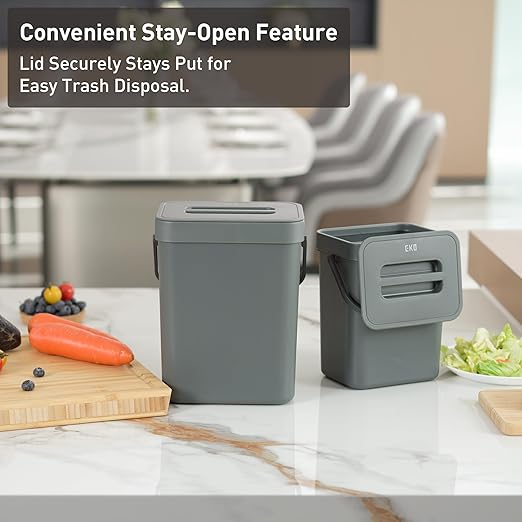 EKO Puro Mini Wall-Mounted Kitchen Trash Can with Lid Food Waste Caddy, 0.79 Gal / 3L (Grey)