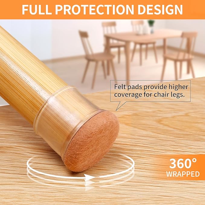 Ezprotekt 24 Pcs Extra Large Chair Leg Protectors with Felt, Round Chair Leg Caps, Floor Protectors for Chairs, Felt Furniture Pads Covers, Bar Stools Leg Protectors Cups (XL Fit: 1.4"-1.65", Clear)