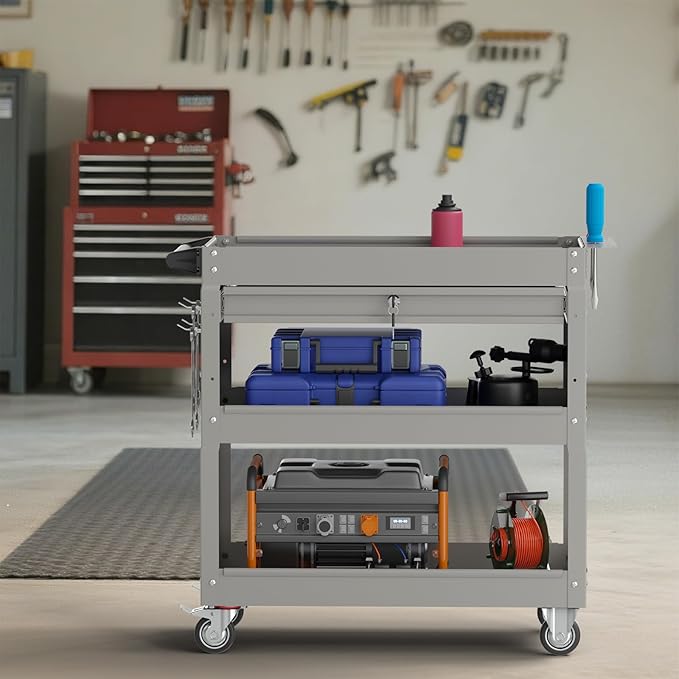 3 Tier Rolling Tool Cart with Drawers, 450 LBS Capacity Tool Cart on Wheels, Heavy Duty Rolling Utility Cart with Drawers, Rolling Utility Carts for Garage, Warehouse and Repair Shop,Gray