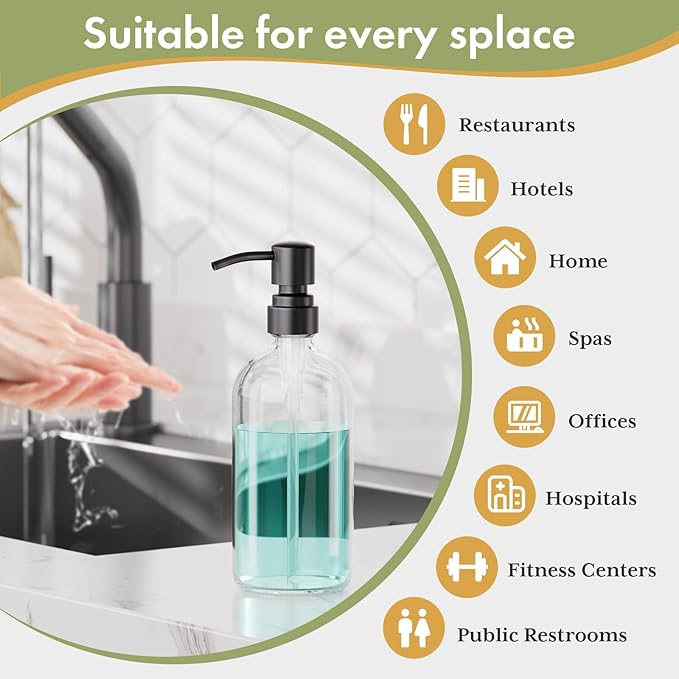 AmazerBath Soap Dispenser, 2 Pack Glass Soap Dispenser with Stainless Steel Pump, 17 Oz Bathroom Hand Soap Dispensers Bottle for Bathroom & Kitchen, Clear & Black