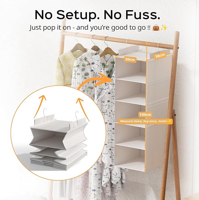 Extra Deep Hanging Closet Organizer with Shelves and Oversized Mesh Pockets, Heavy-Duty Structure, No Deformation, Max Storage for Clothes, Shoes, Hats, Dorms and RVs,1-Pack (White, 5 Tier)
