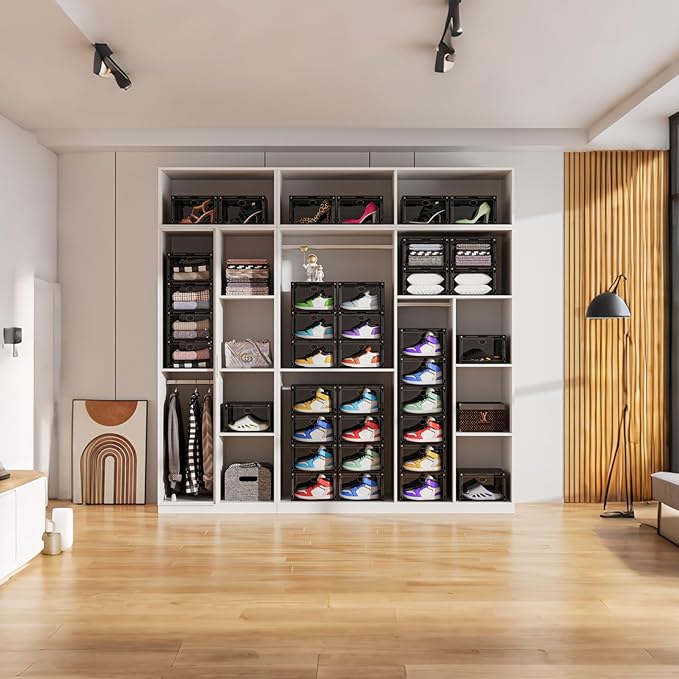 Large Shoe Boxes Clear Plastic Stackable, 8 Pack Drop Side Shoe Storage Boxes with Magnetic Door, Shoe Storage Organizer Sneaker Storage Display Fit up to US Size 13 Black