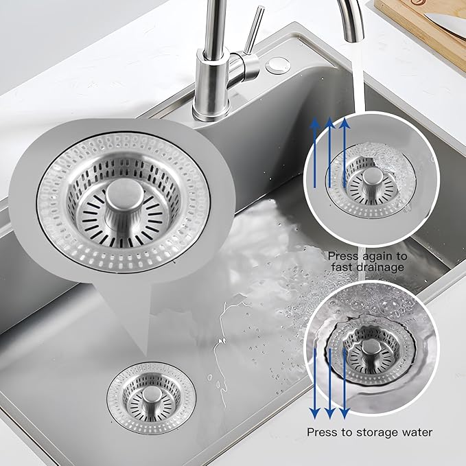 3 in 1 Kitchen Sink Drain Strainer Stopper, Stainless Steel Pop Up Sink Stopper with Anti-Clogging Basket Strainer Width 3.07" Height 1.77 for Deep Sink (Silver)