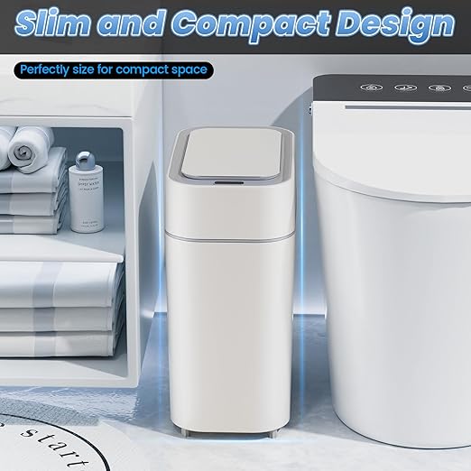 Bathroom Trash Can with Lid: 2.3 Gal Small Slim Motion Sensor Wastebasket, Bag Expansion, Wall Mounted, Automatic, Touchless, Narrow Design for Bathroom, Kitchen and Office, Waterproof