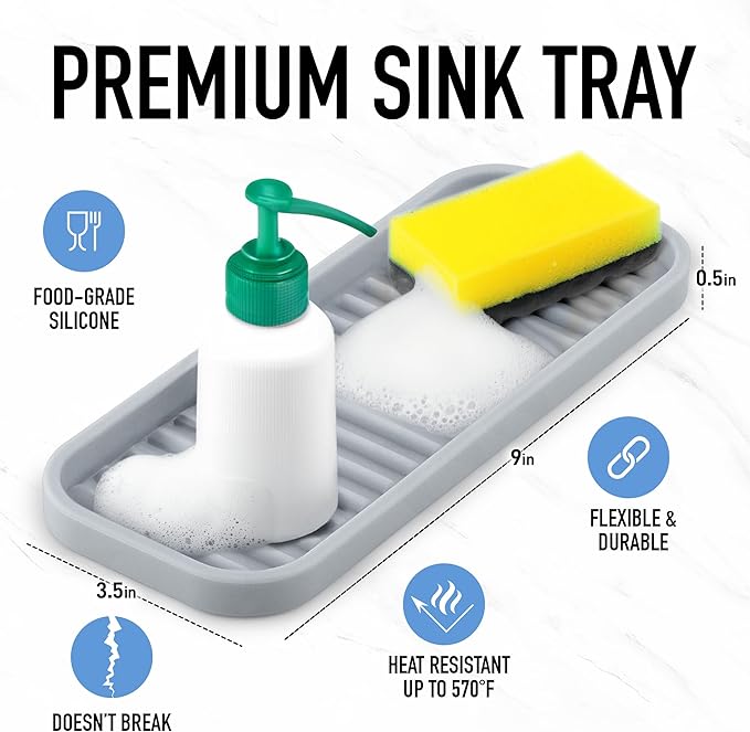 Zulay Kitchen (9x3.5) Silicone Sponge Holder for Kitchen Sink - Flexible Multipurpose Soap Tray - Sink Organizer for Kitchen, Bathroom, Makeup, Trinkets & More (Grey)