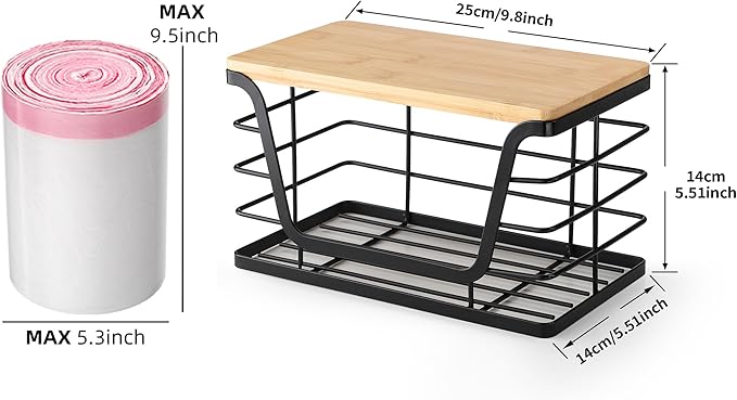 ALOCEO Small Wall Basket, Stainless Steel Adhesive Cabinet Door Organizer with Bamboo Top for Kitchen, Cabinet, Pantry, Black