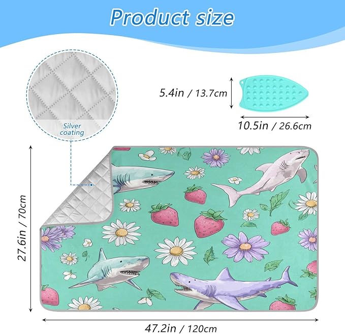 Mint Green Sharks Strawberry and Daisy Ironing Mat for Table top Portable Ironing Pad Blanket for Washer Dryer Countertop Travel