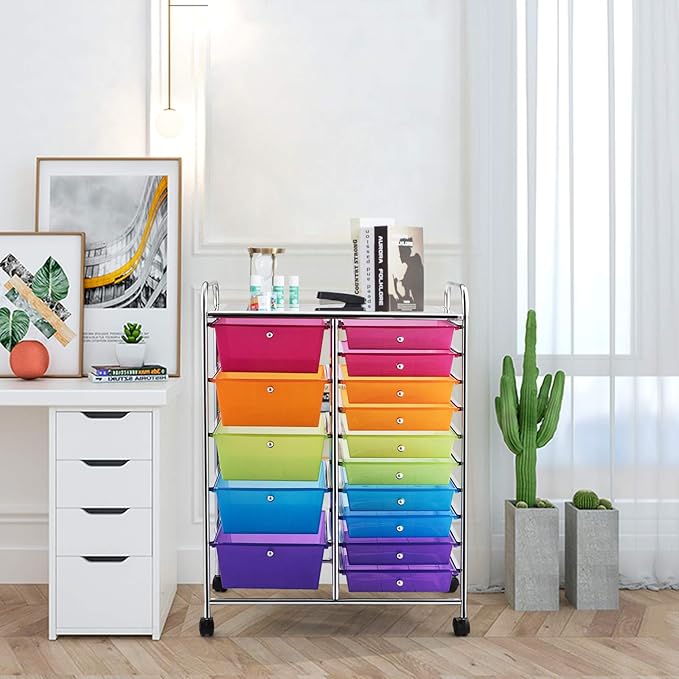 GOFLAME 15-Drawer Rolling Storage Cart, Multipurpose Movable Organizer Cart, Utility Cart for Home, Office, School, Rainbow