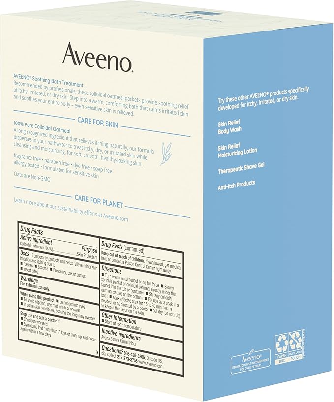 Aveeno Fragrance-Free Soothing Bath Treatment & Soak for Soothing Relief, 100% Natural Colloidal Oatmeal, Relieves Itchy, Irritated Skin Due to Eczema, 8 Single-Use Bath Packets