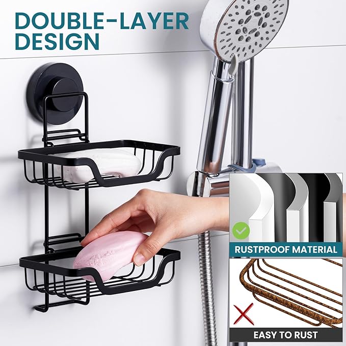 TAILI Double Layer Soap Dish Holder, Bar Soap Tray Suction Cup for Shower Wall, Draining for Bathroom, Rustproof Stainless Steel Sponge Holder for Tub, Kitchen, Drill-Free, Black