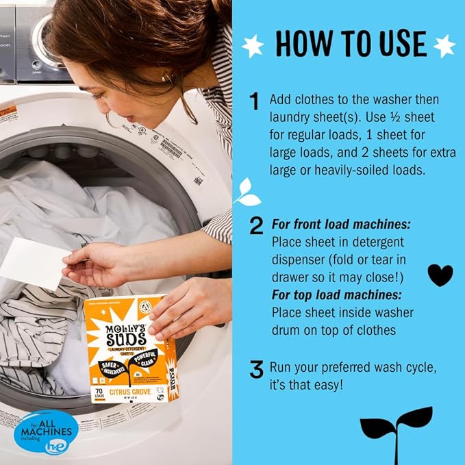 Molly’s Suds Laundry Detergent Sheets | Gentle on Sensitive Skin, Powerful Bio-Based Enzymes, Stain-Fighting | Liquidless & Plastic-Free Packaging | 70 Loads (Peppermint)