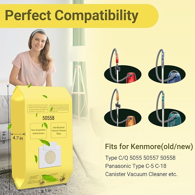 50558 Vacuum Cleaner Bags Replacement for Kenmore Canister Type C/Q 5055, 50555, 50557, 50558 and Pana·sonic Type C-5, C-18, 200 Series, 400 Series, 600 Series, 800 Seires Vacuum - 12 Pack