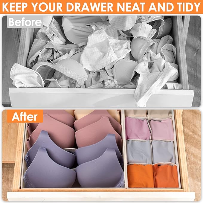 6 Pack Sock Underwear Drawer Organizer Dividers, 58 Cell Foldable Fabric Dresser Closet Organizers and Storage Bins for Clothing, Baby Clothes, Bra, Panty, Scarf, Ties (Beige)