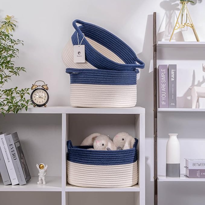 Medium and Large Woven Basket//With Handle, Used for Toys and Fabric Storage Basket used for Storing xl Storage Box, Decorative Storage Box Room 2pack (Blue, L13×W9×H7)