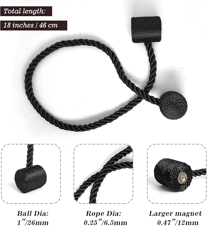 Hion Magnetic Curtain Tiebacks Black 6 Pack, Curtain Tiebacks Buckles Holdbacks Holders Hooks Clip for Home Bedroom Office Decorative Thick or Thin Curtain