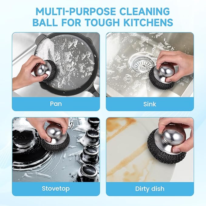 6Pcs Steel Wool Scrubber, Stainless Steel Scrubber with Handle for Cleaning Kitchen and Household Stubborn Messes from Stoves Pans Pots Grill Sink with Replacement Wire Brush Set (3 Pcs+3 Replacement)