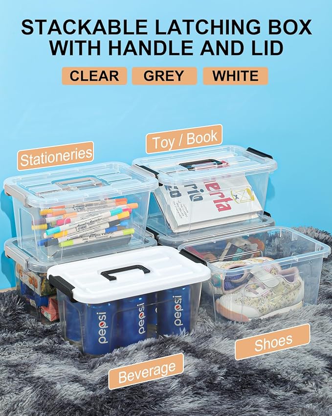 NUMIFUN Plastic Storage Bins With Lids 6 Pack Storage Organizer Bins, 7 Quart Stackable Storage Bins with Lids and Black Handle Buckle Easy for Home Office Organization, White Lids