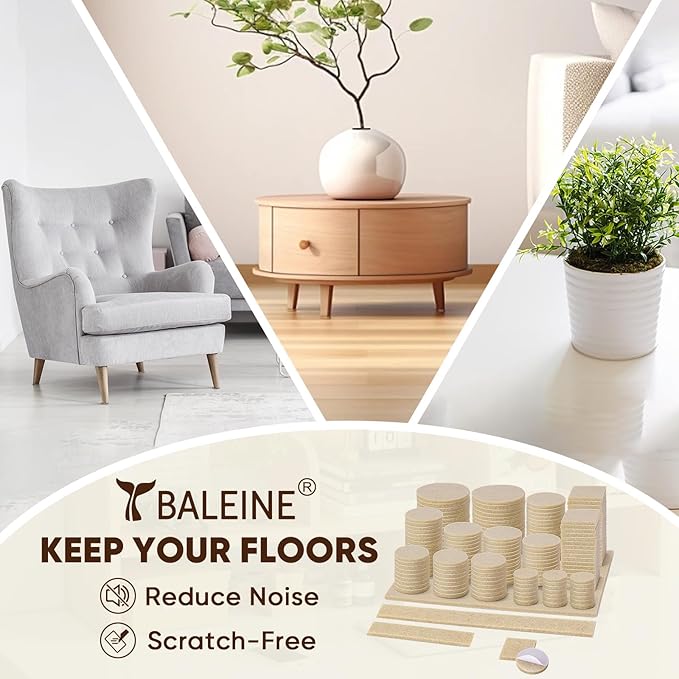 BALEINE 141PCS Felt Furniture Pads, Multi-Size Felt Pads for Chair Legs, Tables, Beds, Scratch-Reducing Floor Protectors for Hardwood Floors, Tile, Vinyl, and Laminate (141PCS, Beige)