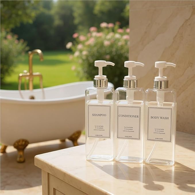 Modern Design Large 27 oz Shampoo and Conditioner Dispensers - Empty Plastic Refillable Pump Bottle Set for Bathroom Shower Soap Dispenser, Set of 3 (Clear & Silver)