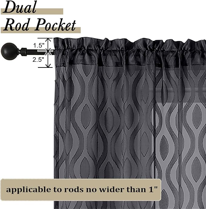 Aiyufeng Extra Long Sheer Curtains 96 Inches Long for Bedroom 2 Panels Set, Farmhouse Black Wavy Line Light Filtering Clip Jacquard Solid Voile Living Room Curtains, Dual Rod Pocket, 40"Wx96"L Inches