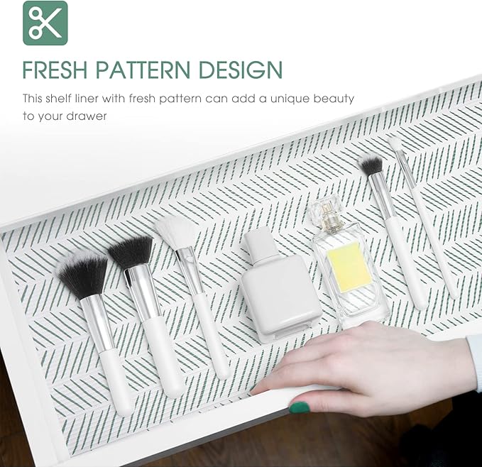 Glotoch Non Adhesive Shelf Liners for Kithchen Cabinets,Non Slip Waterproof Drawer Liners for Dresser, Liner, Fridge, Wire Shelving,Pantry,Heavy Duty, White and Green Herringbone 12X60 Inch