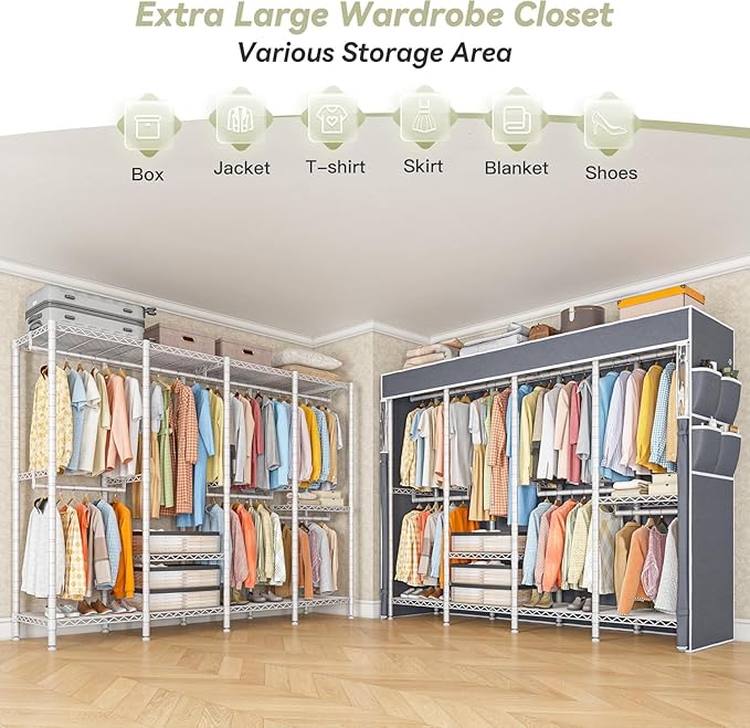 Raybee Clothes Rack with Cover,1150LBS Heavy Duty Clothing Rack for Hanging Clothes,Adjustable Portable,18" D x 76" W x 77" H,White