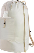 Laundry Bag Backpack, Canvas Laundry Bag with Straps & Drawstring Closure Washable Dirty Cloth Hamper Bag with Large Front Pocket for College, Travel, Laundromat, Camping (Beige)