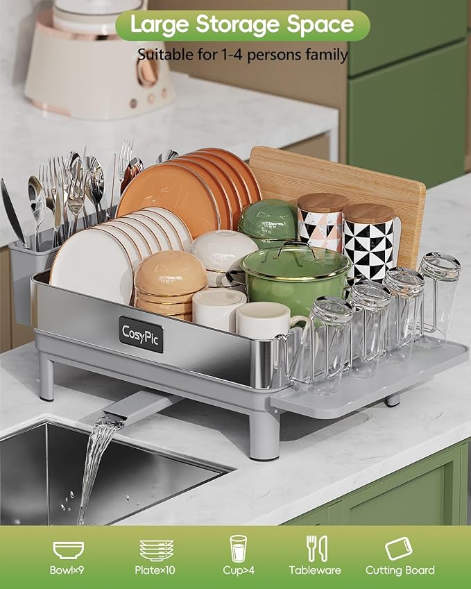Dish Racks, Thicker Premium 304 Stainless Steel Dish Drying Rack for Kitchen Counter, Automatic Drainage Spout, Dish Drainer & Drainboard Set with Utensil Holder and Cup Holder, Grey