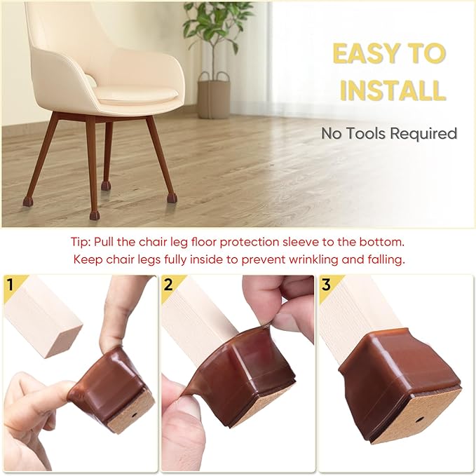 BALEINE 24 Pack Silicone Chair Leg Floor Protectors, Stool Leg Protectors Cap, Non-Slip Chair Leg Caps for Hardwood Floors (Brown & Large (Square), 24 Pack)