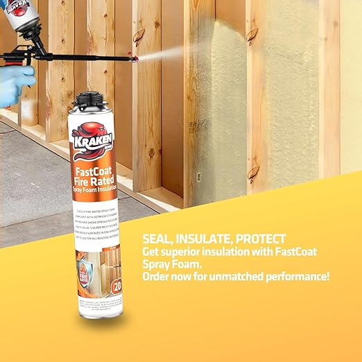 Kraken Bond Fastcoat Fire Rated Spray Foam Insulation (48x27.1 oz.) (R-Value 11.32 / 2in) Closed Cell Expanding Foam - Heat and Acoustic Insulation, 1 Gun & 4 Cleaner Included, 960 Board Ft, 48 Pack