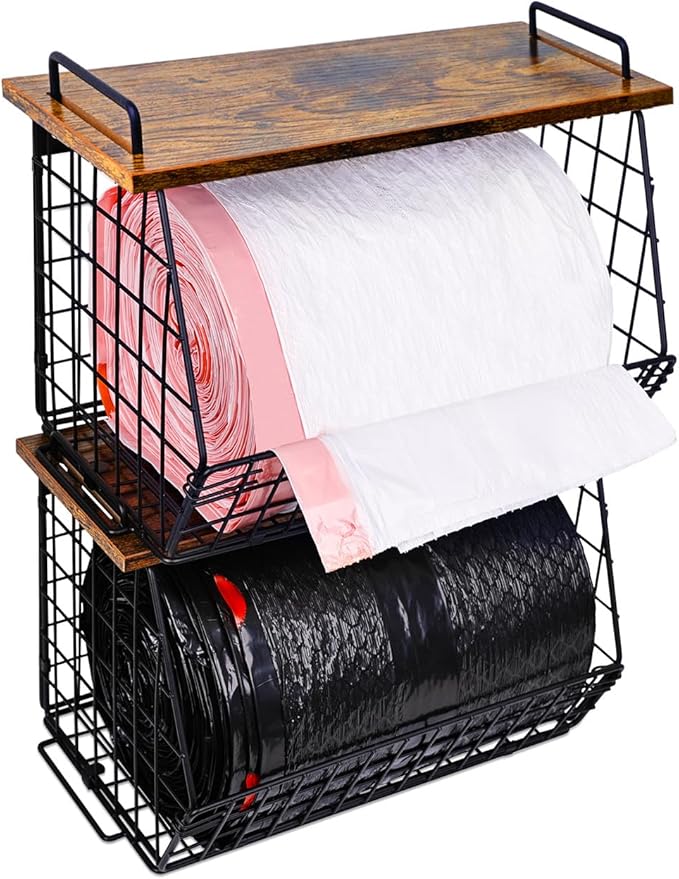 2 Pack Stackable Extra Large Trash Bag Holder Under Sink, Wall Mounted Garbage Bag Dispenser Roll Holder for 13/33 Gallon Trash Bags, Kitchen/Pantry/Laundry Room Organization Basket Storage Bin