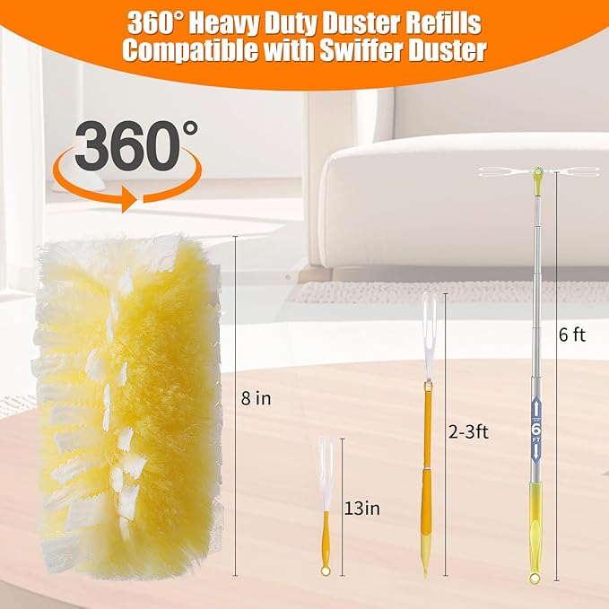 60 Count 360° Heavy Duty Duster Refills Compatible with Swiffer,Large Size-Extra Thick Disposable Electrostatic Feather Duster Refill with 1 Retractable Handle(35-inch Length Fully expanded)