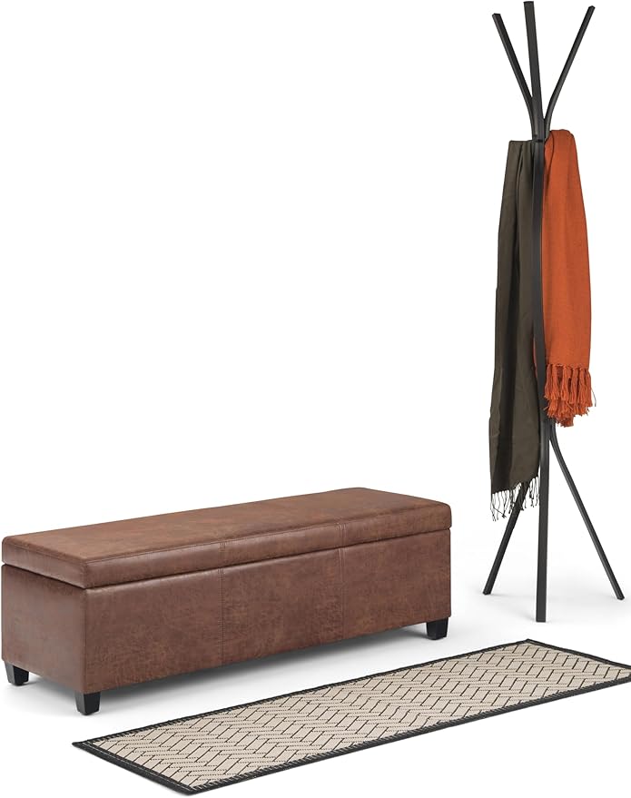 SIMPLIHOME Avalon 48 inch Wide Contemporary Rectangle Storage Ottoman Bench in Distressed Umber Brown Vegan Faux Leather, Assembled, For the Living Room, Entryway and Family Room