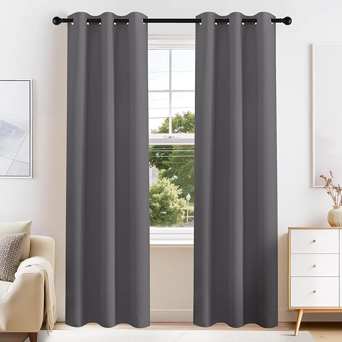 PONY DANCE Grey Blackout Curtains for Bedroom 84 Inch Length 2 Panels Set, Privacy Thermal Insulated Room Darkening Grommet Drapes for Living Room Window, W34 x L84 Inch