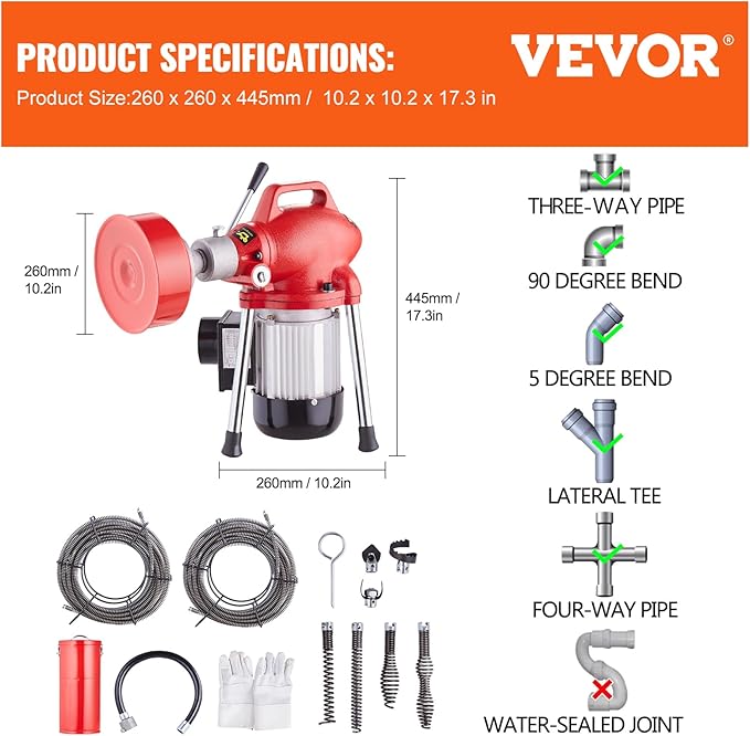 VEVOR Drain Cleaner Machine 120FT x 5/8 Inch, 370W Electric Sewer Snake Auger with 2 Sectional Steel Cables(120' x 5/8" and 23' x 3/8"), 7 Cutters and CW/CCW Control for 1.6" to 4" Pipes