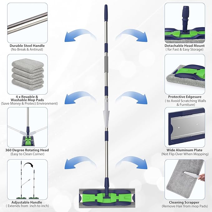 MEXERRIS Microfiber Mops for Hardwood Laminate Tile Floor Cleaning: Stainless Steel Handle - 4 Reusable Flat Mop Refills and 1 Dirt Removal Scrubber Included - Dry Dust Mop Commercial Home Use