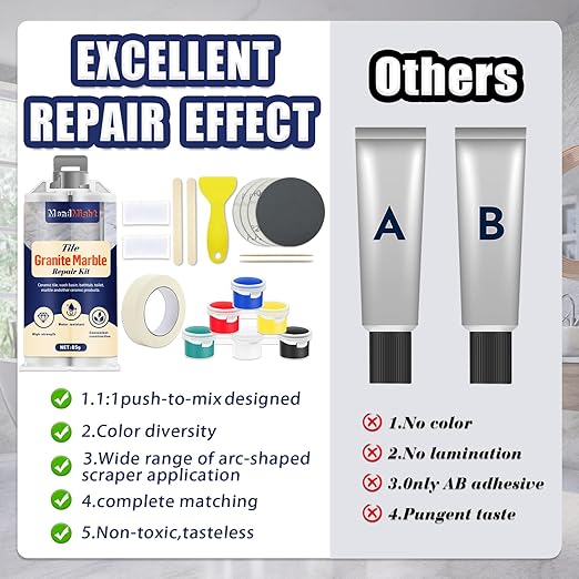 Tile and Granite/Marble Repair Kit, Porcelain Stone and Quartz Countertops Repair Kit for Chips Dents Cracks Holes Scratch, Fix Chipped Edges Corners, Reattaches Missing Pieces
