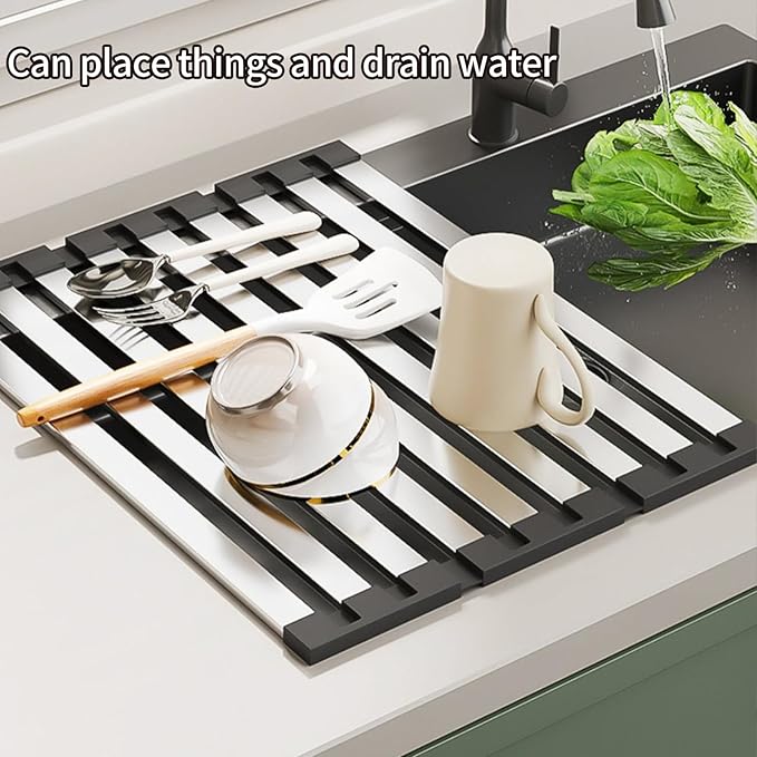 Foldable Dish Drying Rack, Over The Sink Dish Drying Rack ，Dish Drying mat，Dish Drying mats for Kitchen Counter，Stainless Steel Multifunctional mat (23.62×12.8in)
