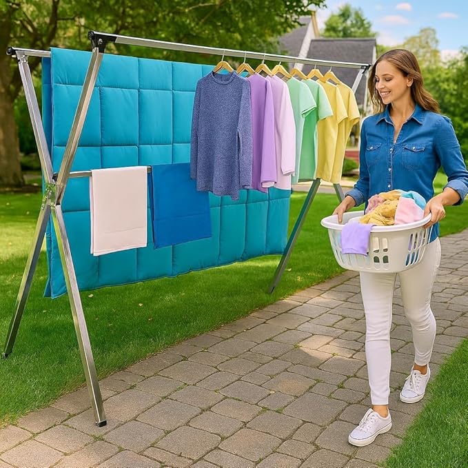 Clothes Drying Racks 81.5-83 Inches Folding Outdoor Indoor Drying Rack Clothing Collapsible Foldable Laundry Drying Rack Heavy Duty Stainless Steel Clothesline 20 Hooks 12 Clips (81.5'')
