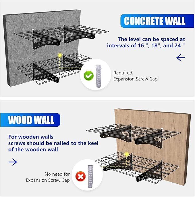 2-Pack Garage Wall Shelving, 2x6ft Walls Shelf Storage Rack, Sturdy Walls Shelves for 1200 LBS, Black, Heavy Duty Garage Shelving Wall Mounted for Storeroom, Kitchens and Basement, 70.86" x 23.6"