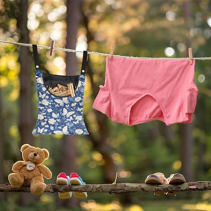 3 Pcs Butterfly and Floral Clothespin Bag with Large Opening Clothes Pins Holder Outdoor and Laundry Bag Hanging Fits for Clothesline Outdoor