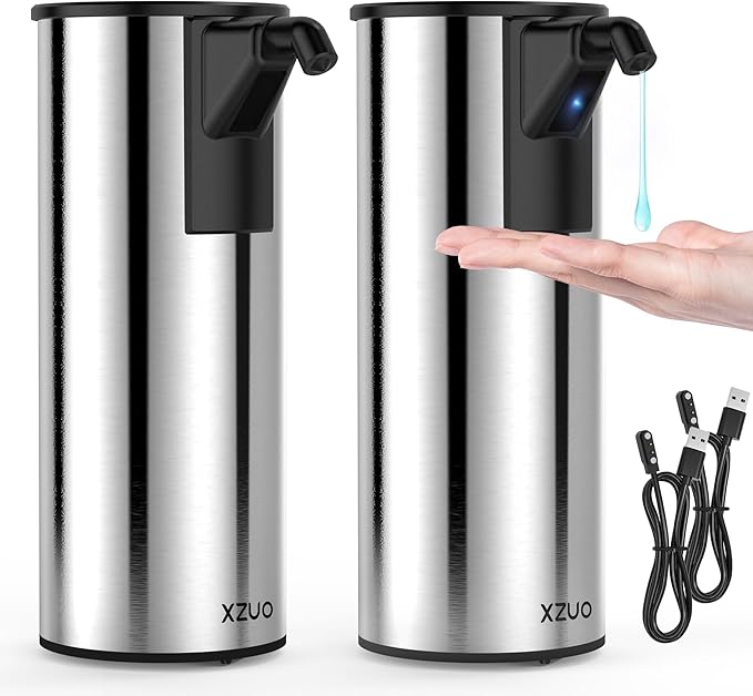 Automatic Soap Dispenser Touchless 11.8oz 4-Level Adjustment Auto Hand Soap Dispenser Stainless Steel Rechargeable for Bathroom Kitchen Hotel(Silver+Silver)