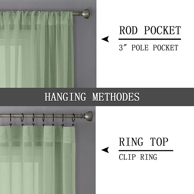 Tollpiz Short Sheer Curtains Linen Textured Bedroom Curtain Sheers Light Filtering Rod Pocket Voile Curtains for Living Room, 54 x 45 inches Long, Sage Green, Set of 2 Panels