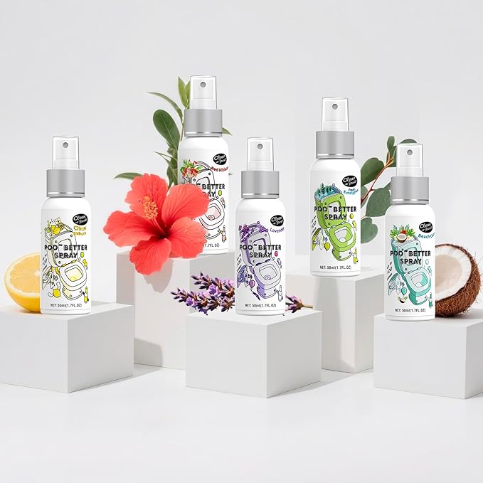 Clean-n-Fresh Toilet Spray, 8.5 Fl Oz Variety Pack of 5 - Citrus, Hibiscus, Lavender, Eucalyptus, Beach Coco, Travel Essentials Bathroom Odor Elimination, Air & Toilet Freshener, Each 1.7 Fl Oz