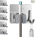 5 Pack Mop and Broom Holder Wall Mount, Silver Stainless Steel Mop and Broom Hanger with Hooks, Mop Broom Organizer for Closet Laundry Garage Garden Tool Organizer