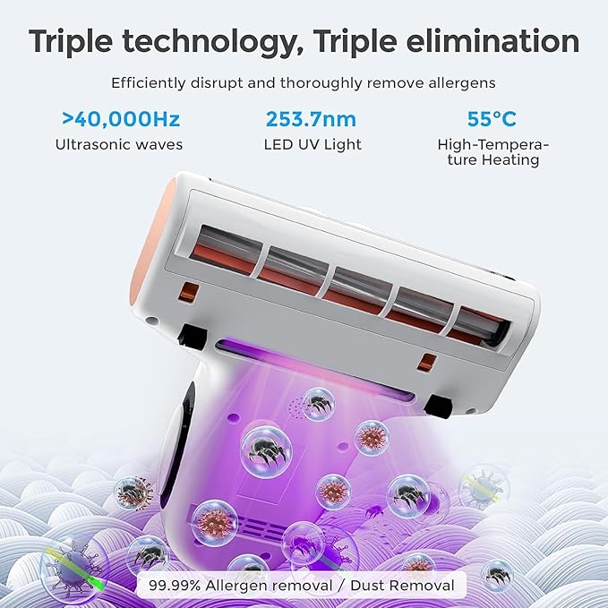 JIGOO J300 Lite Mattress Vacuum Cleaner，Bed Vacuum Cleaner with Dust Sensor with 253.7nm UV-C Light，Ultrasonic and High Heating Multifunctional Handheld Vacuums for Bed, Sofa, Couch （Corded）